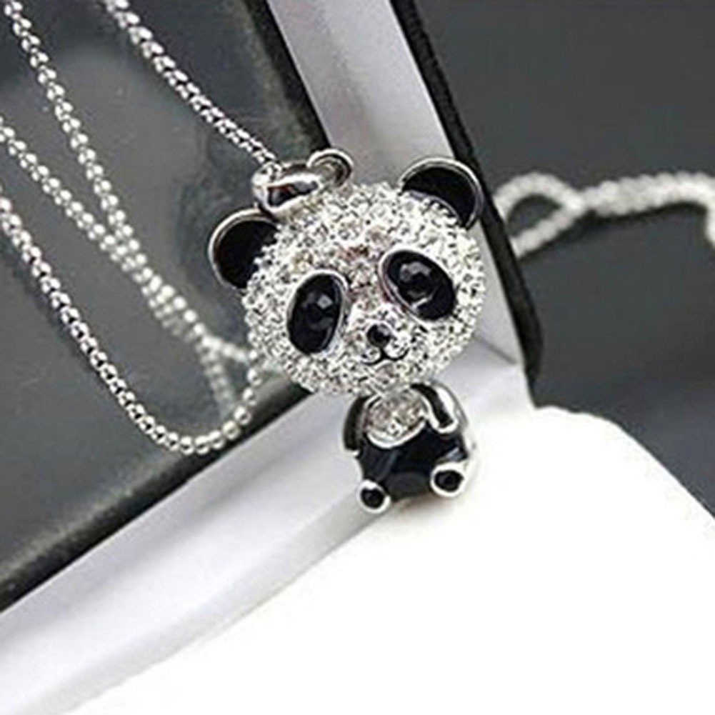 Vintage Rhinestone Lovely Panda Diamond Necklace Clavicle Chain