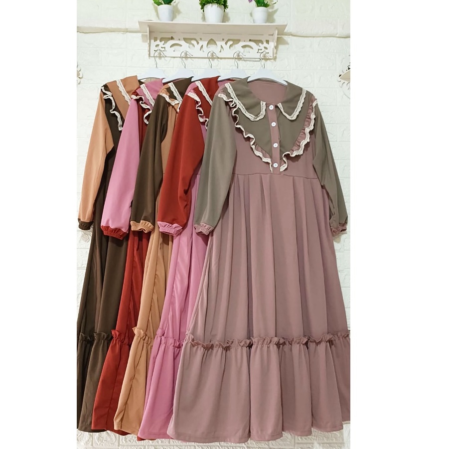 Gamis busui rumbai renda rempel 2 susun wrn 2 tone (PB 140cm)  bahan voxy premium merk hf (165)
