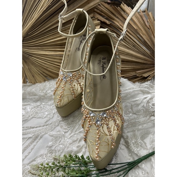 sepatu wedding pesta wanita gold tali naira 12cm tahu