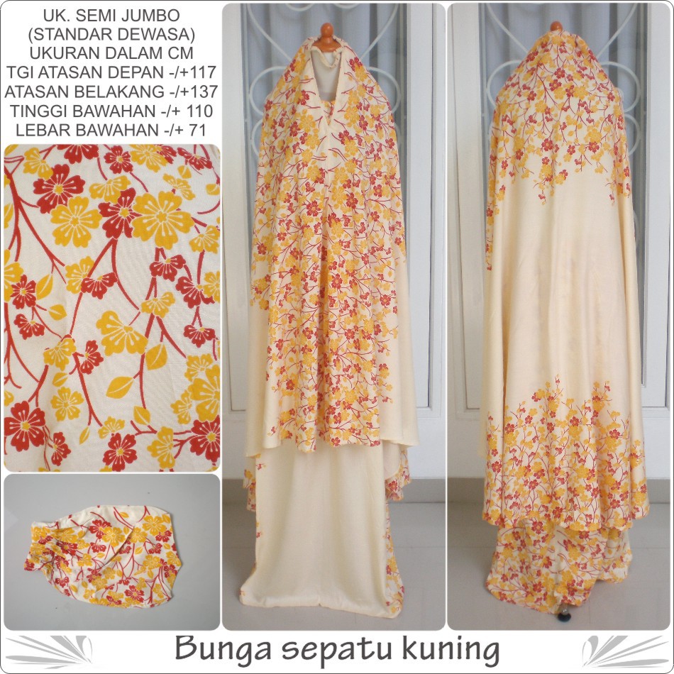 mukena dewasa bali motif bunga sepatu bahan rayon warna kuning semi jumbo