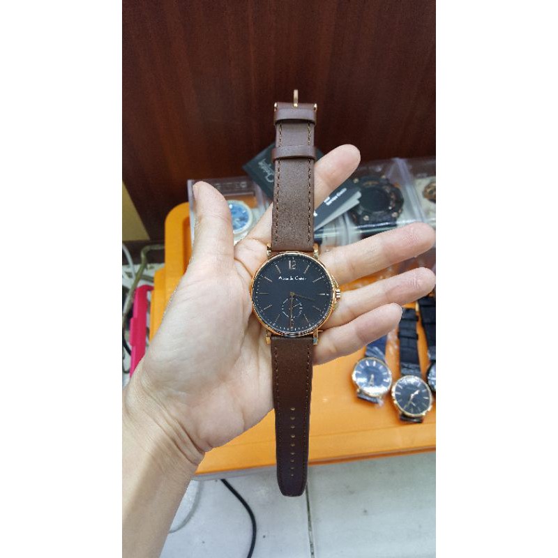 Jam Tangan Alexandre Christie AC 8458 MS Tali Leather Brown Rose Pria plat hitam & Cowok Original