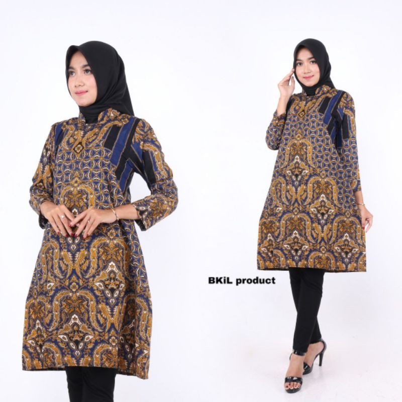DRESS TUNIK BATIK WARNA COKLAY KOMBINASI NAVY HIJAU BOTOL M L XL SERAGAM KERJA KANTOR PPL KKN MURAH