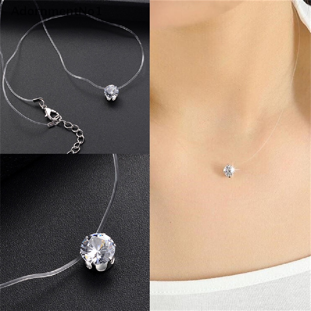 (AdornmentNo1) Kalung Choker Tali Pancing Transparan Invisible Dengan Liontin Batu Zircon Untuk Wanita