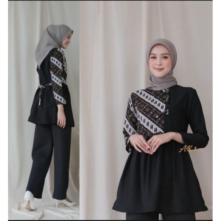 tey-17 Batik wanita ASJ SA HRB026 Kenongo Kemeja Tosca Pendek atasan modern blouse batik Irro14 size M L XL dan XXL-Pita liris
