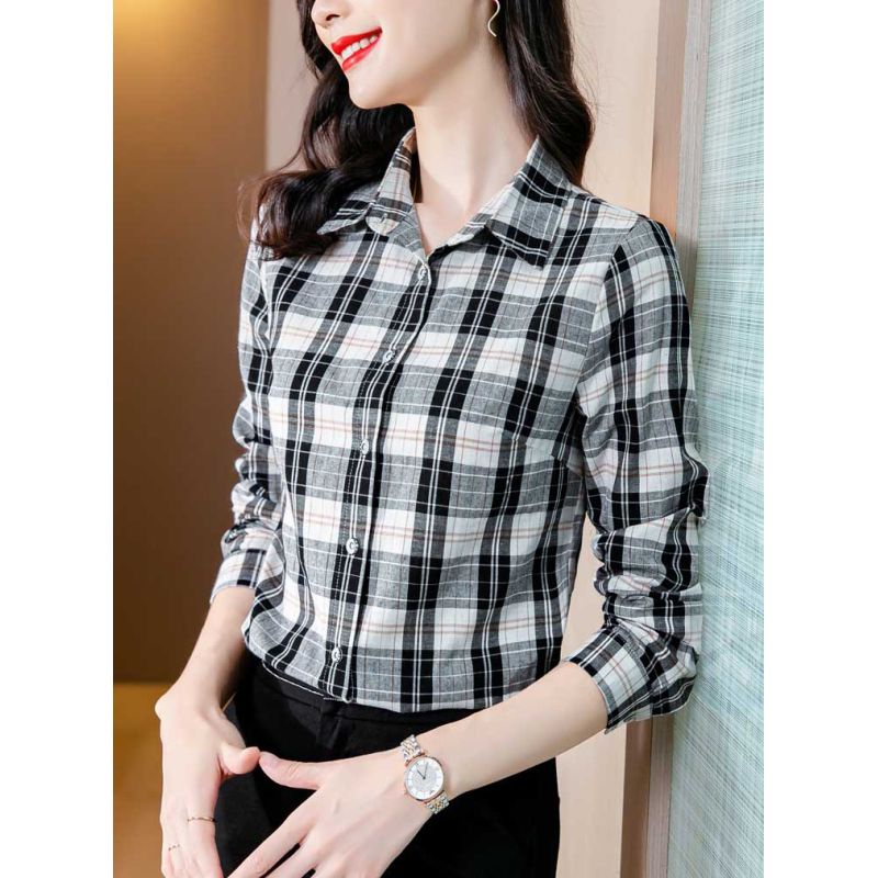 Kemeja wanita katun motif garis-garis Korea lengan panjang elegant