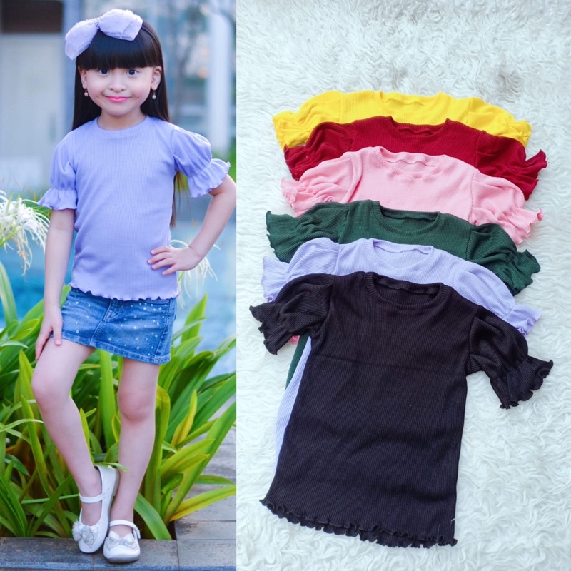 Kaos holie knit Ruffle tee (kaos polos) 2-5 tahun atasan kerut anak