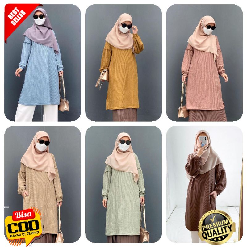 Dellina.id Kalina Tunik Baju Atasan Rajut Waffle Wanita Lengan Panjang Premium
