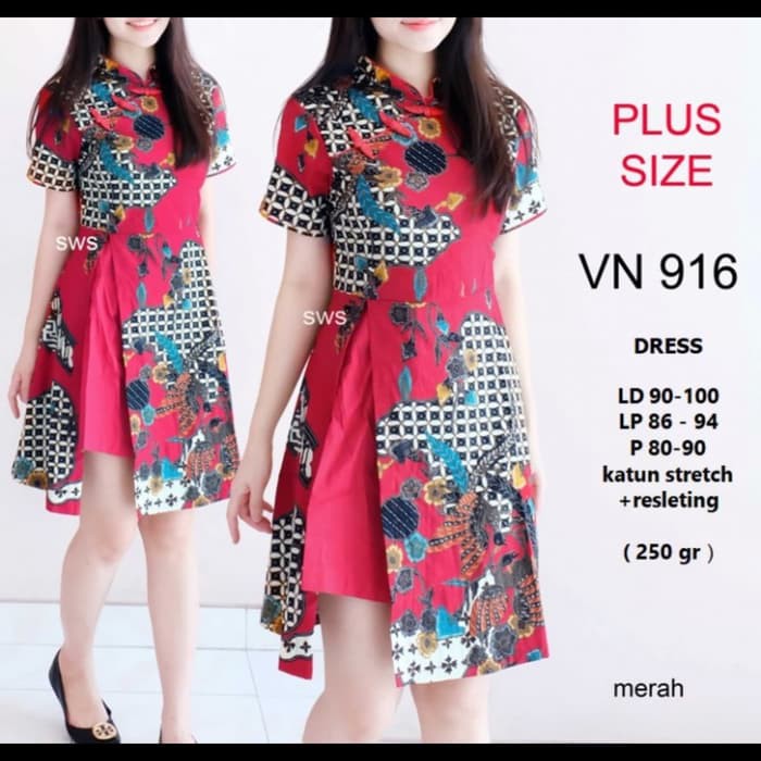 Dress imlek New.. 916 Dress Batik Modern Belah Midi Imlek Merah Jumbo Wanita Murah