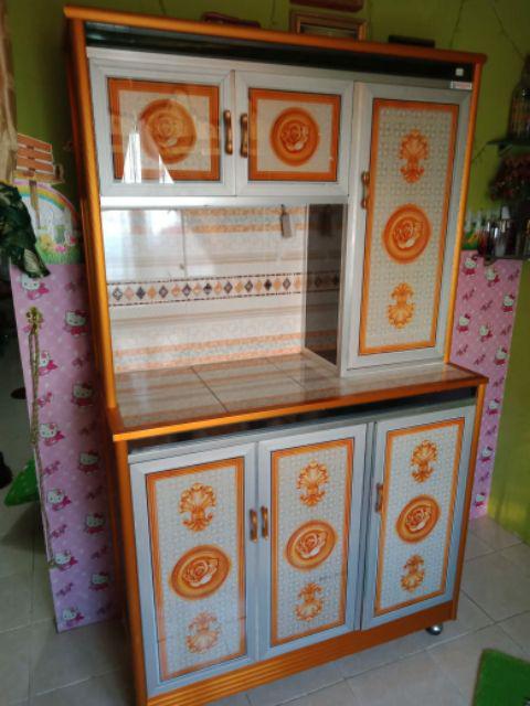 Rak Piring 3 Pintu Gendong Kaca Lukis Full Colour + Roda jumbo Tiang Besar (promo Harga)