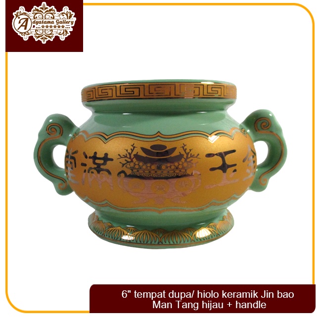 6" tempat dupa/ hiolo keramik Jin bao Man Tang hijau + handle