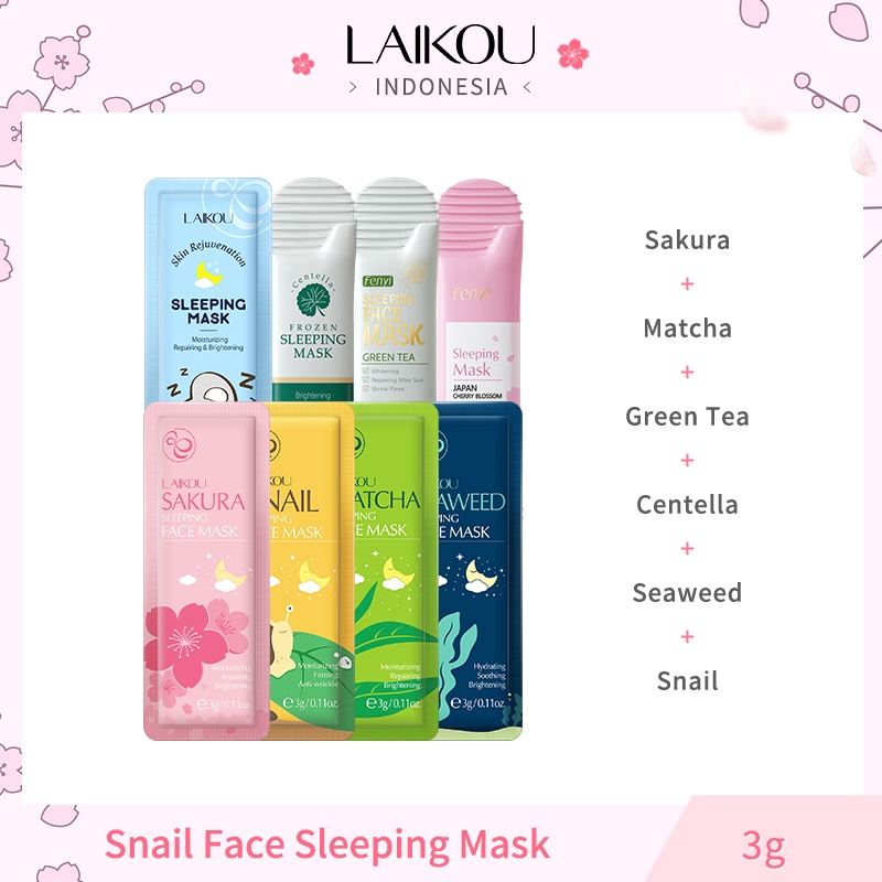 LAIKOU Sakura Sleeping Mask Sachet Green Tea Centella Menghilangkan Jerawat Krim Malam Memudarkan Noda Hitam