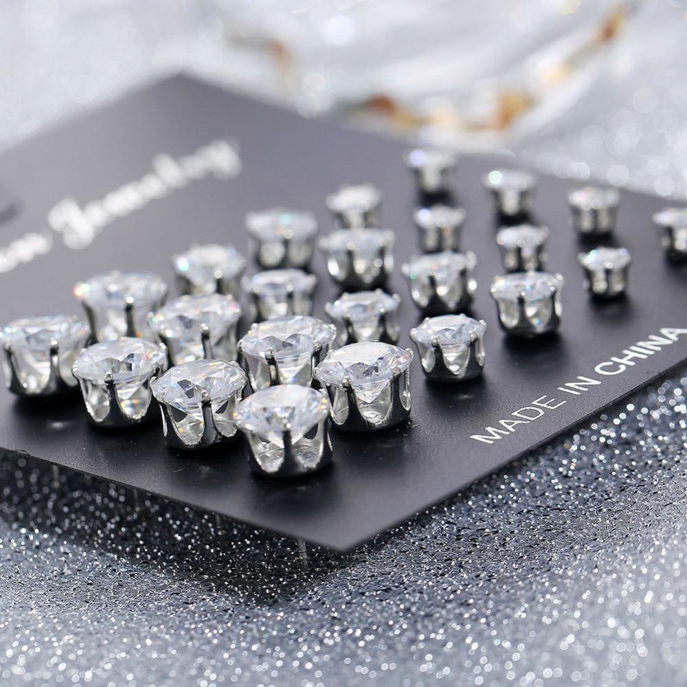 Timekey 12 Pasangset Anting Tusuk Alloy Bulat Hias Zircon Untuk Wanita A7K6