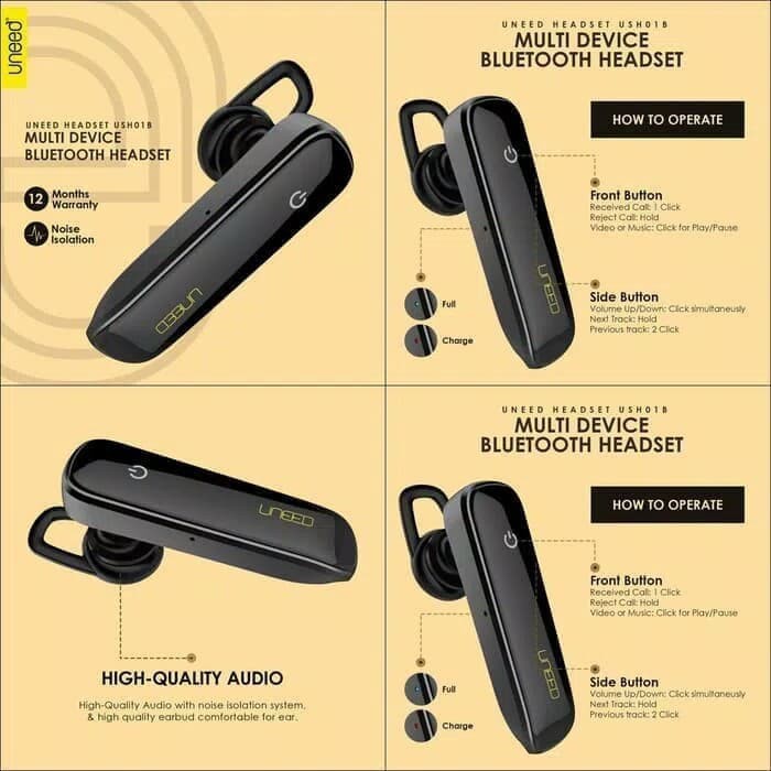 Termurah Ori Uneed Headset Earphone Bluetooth Wireless Apple Android UHS01B