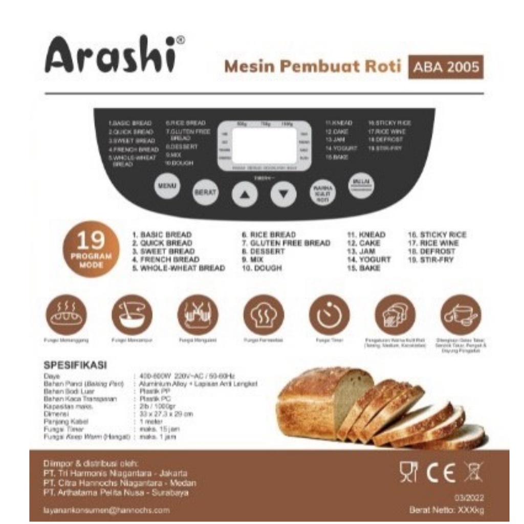 Arashi Bread Maker ABA 2005 Mesin Pembuat Roti ABA2005