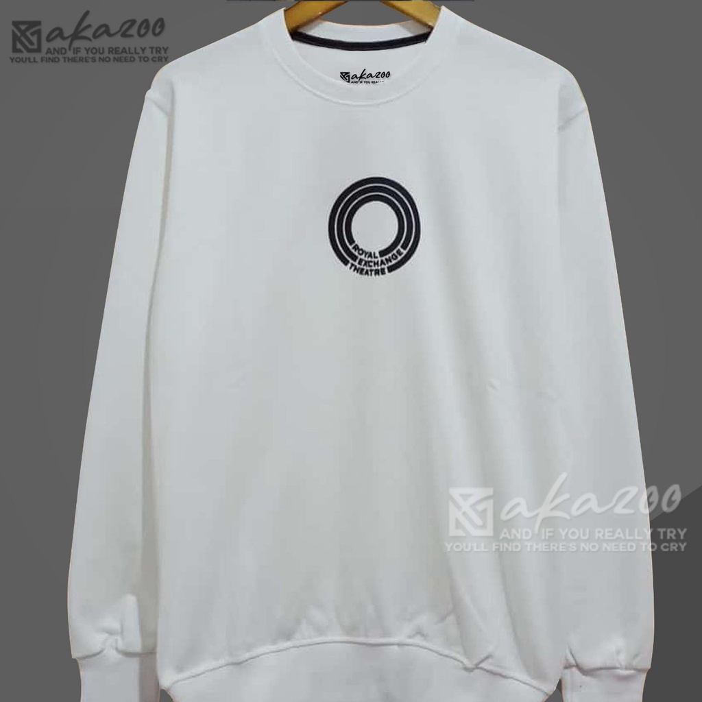 crewneck pria distro original kren warna putih ROYAL EXCHANGE THEATRE LINGKAR tulisan hitam cn pria murah original oblong krah tinggi sweater oversize crewneck switer cowok jumbo tulisan jepang unisex M L XL XXL PREMIUM akazoo oficial bandung