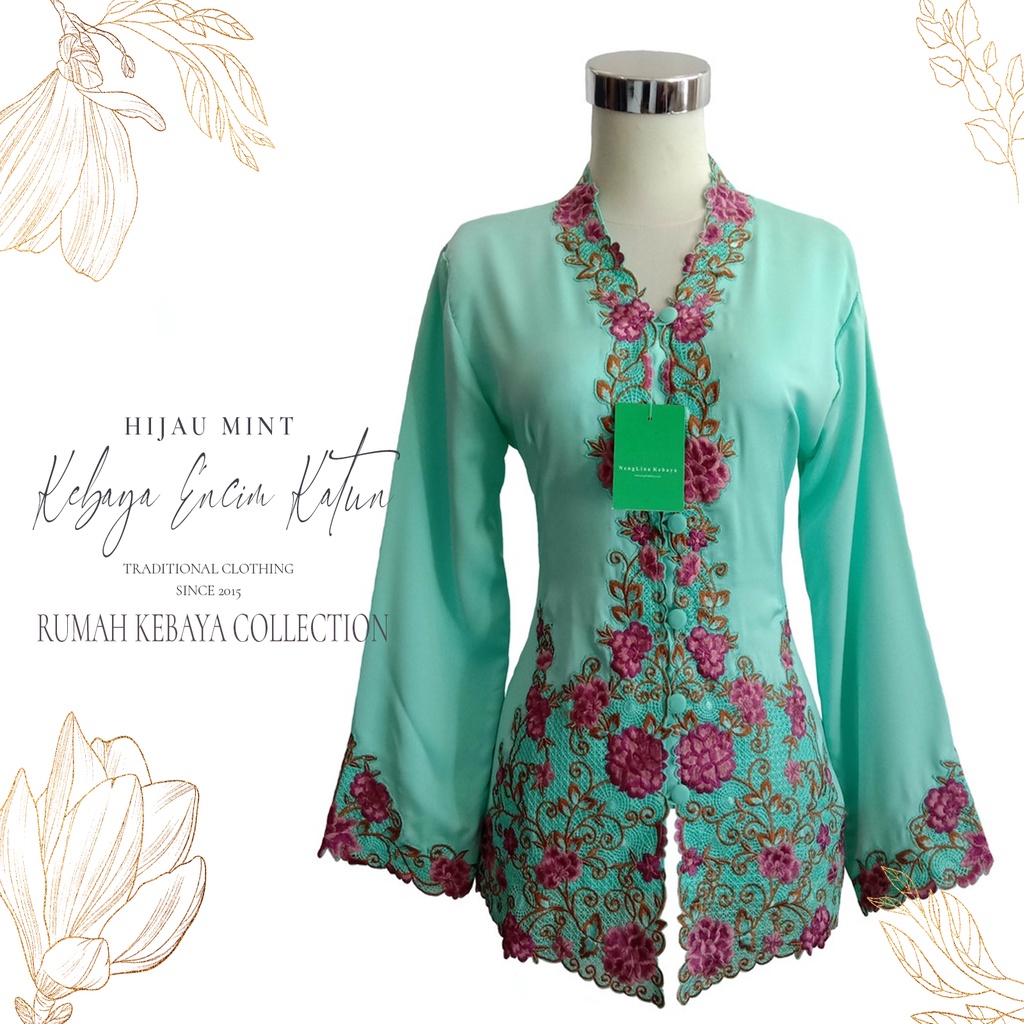 Kebaya Encim Kartini Katun Bordir Modern Hijau Mint Lengan Panjang