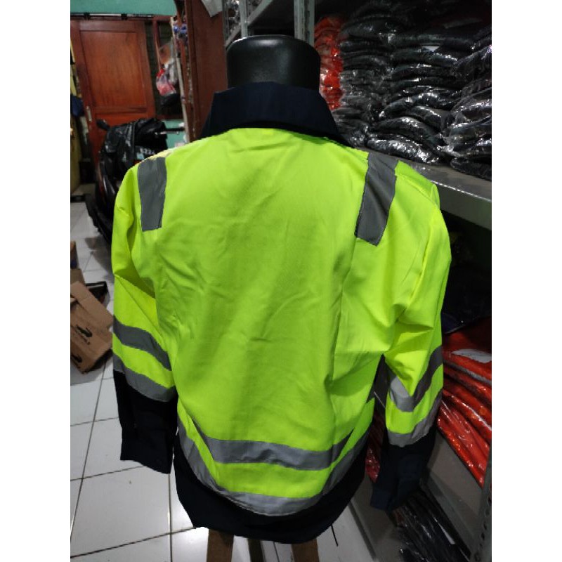 RESLETING BAJU SAFETY WEARPACK SERAGAM KERJA TAMBANG HIJAU STABILO DONGKER NAVY BERLOGO K3 BENDERA