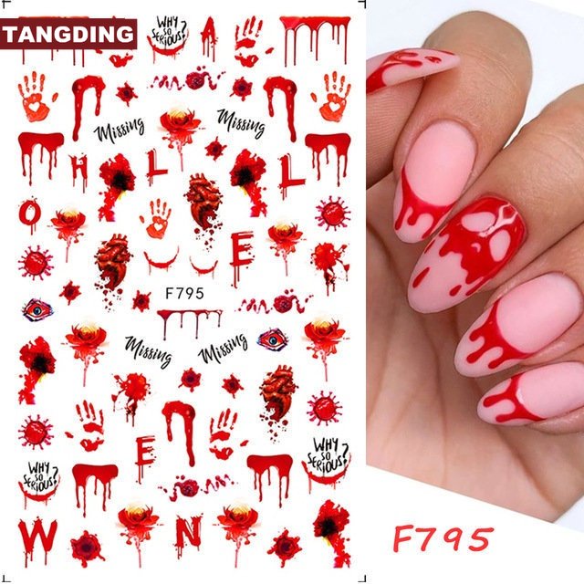 【COD Tangding】Stiker Kuku Desain Snowflake Warna Merah Untuk Halloween