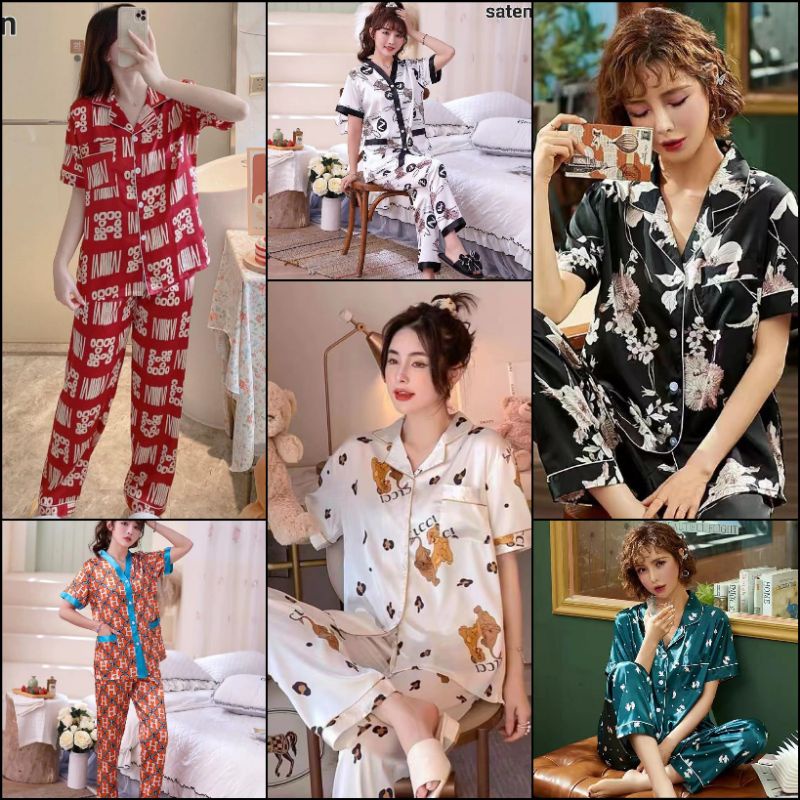 Baju tidur wanita saten import / Stelan CP piyama wanita satin kancing