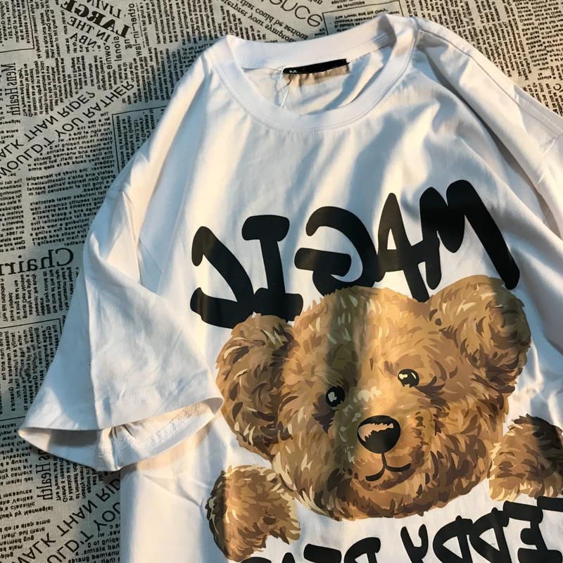 [littlecrab] Kaos Oversize Magic Teddy Bear Kaos Couple T-shirt Hitam Putih Circle Of Modes Kaos Berkualitas Korean Style