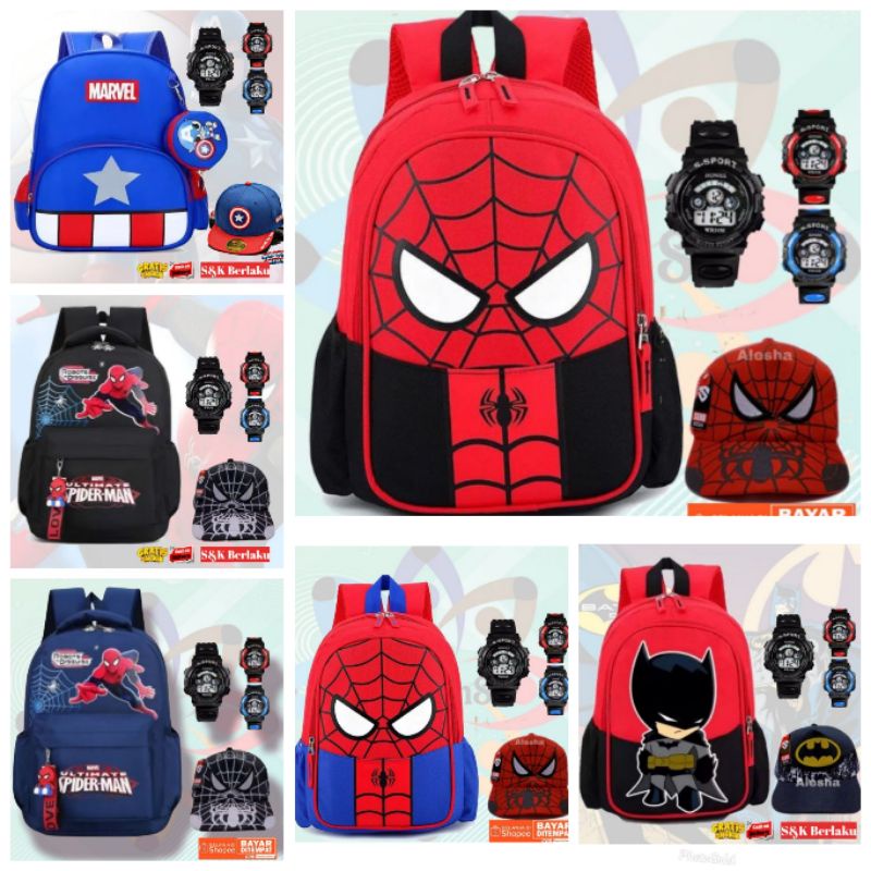 paket 3in1 Tas ransel sekolah anak laki laki SD bonus topi dan jam