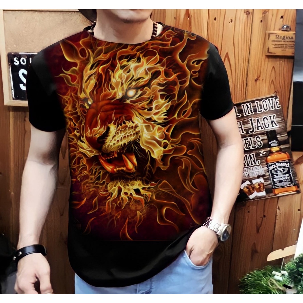 Kaos Distro Dewasa Laki-Laki / Baju Pria Keren Motif Macan Api