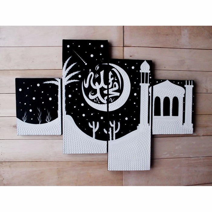 Lukisan Dinding Masjid Dan Kaligrafi Hitam Putih Dot Painting Decor Shopee Indonesia