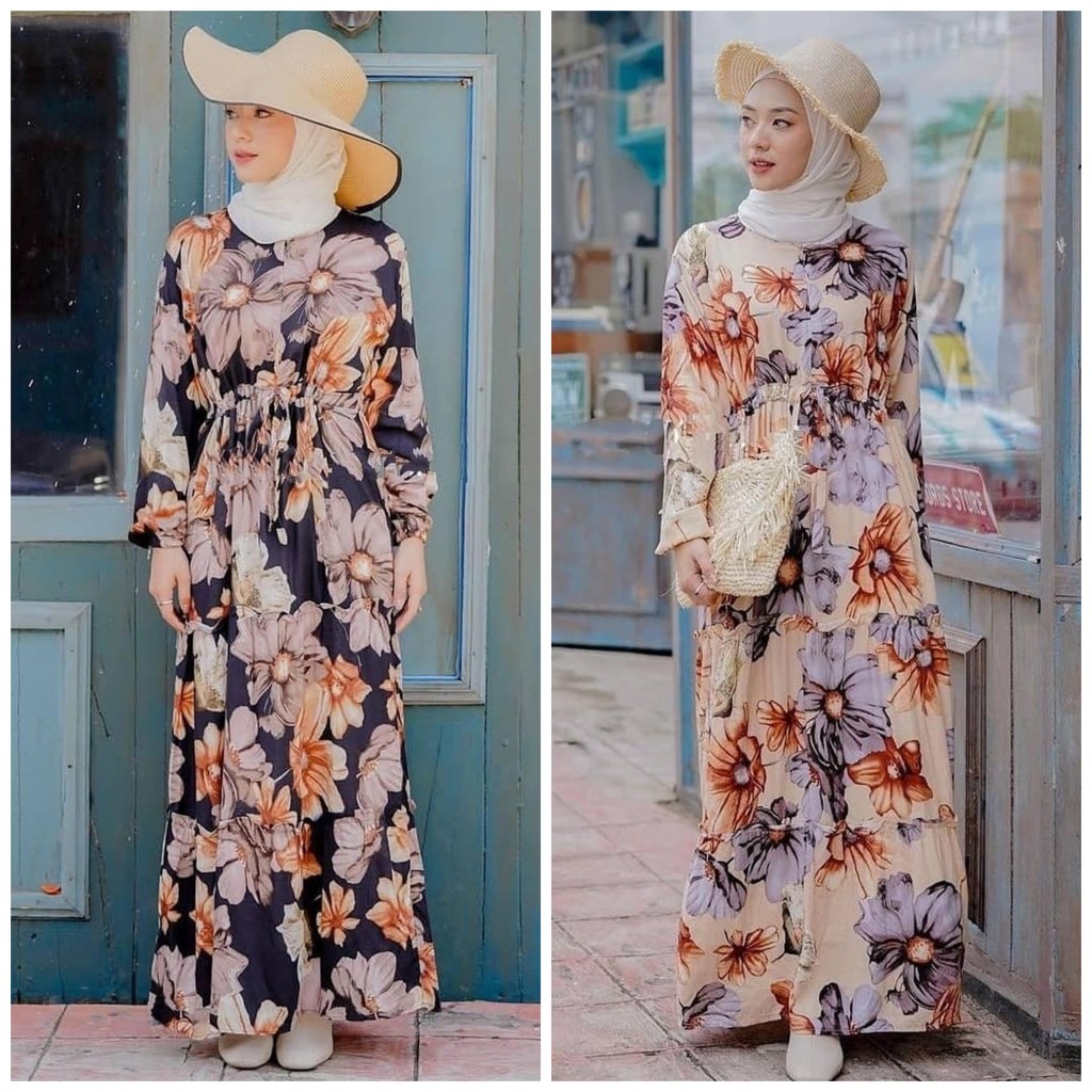 Claria Maxi Dress - Gamis Muslimah Floral Bahan Katun Rayon Busui Friendly Motif