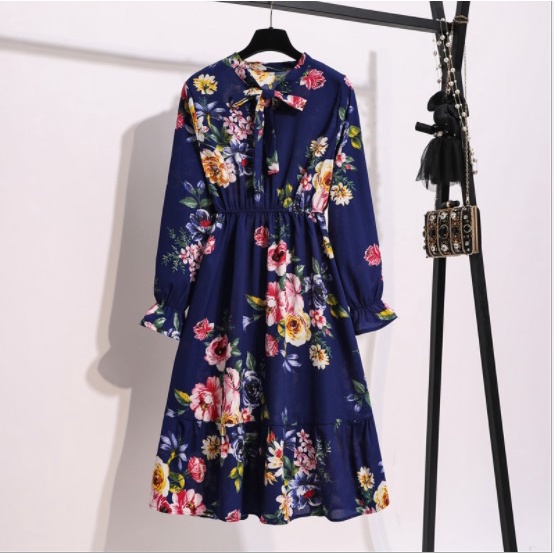DA061 Dress Kondangan Dress Pesta Vintage Dress Floral Dress Import Korean Maxi dress series 2-Biru bunga pink