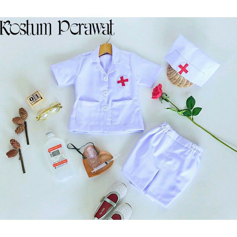 Kostum Dokter Kecil/ Kostum Perwat Kecil/ Kostum Photoshoot Newborn/ Baju Dokter Anak Cewek