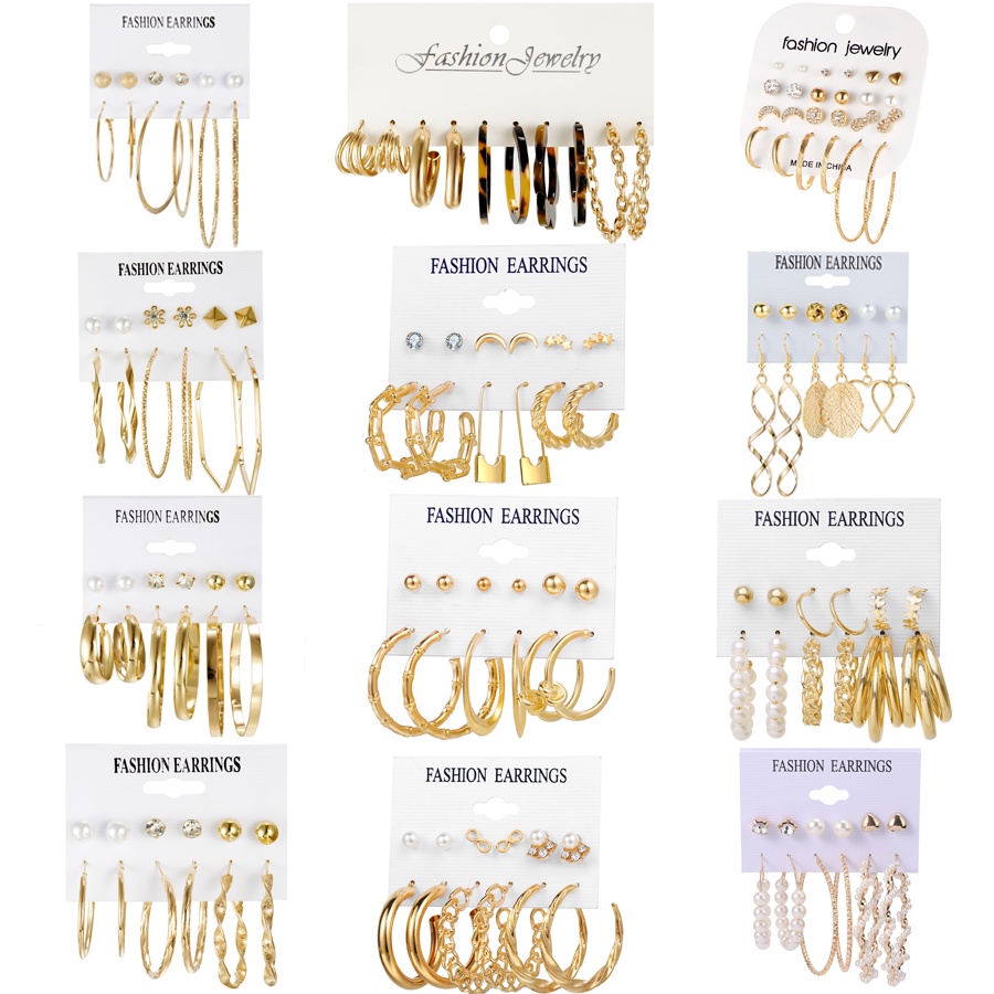 6 / 9 Pcs / Set Anting Hoop Rumbai Kristal Mutiara Kupu-Kupu Hati Oversize Gaya Retro Untuk Wanita