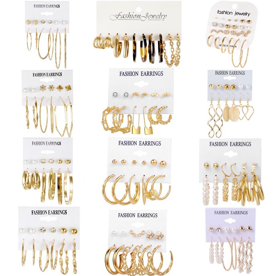 6 / 9 Pcs / Set Anting Hoop Rumbai Kristal Mutiara Kupu-Kupu Hati Oversize Gaya Retro Untuk Wanita