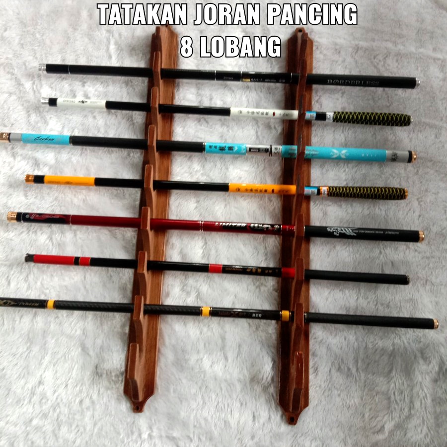 Stand Rak Kayu Dudukan Joran Pancing Tegek Tempel Dinding 8 Lubang