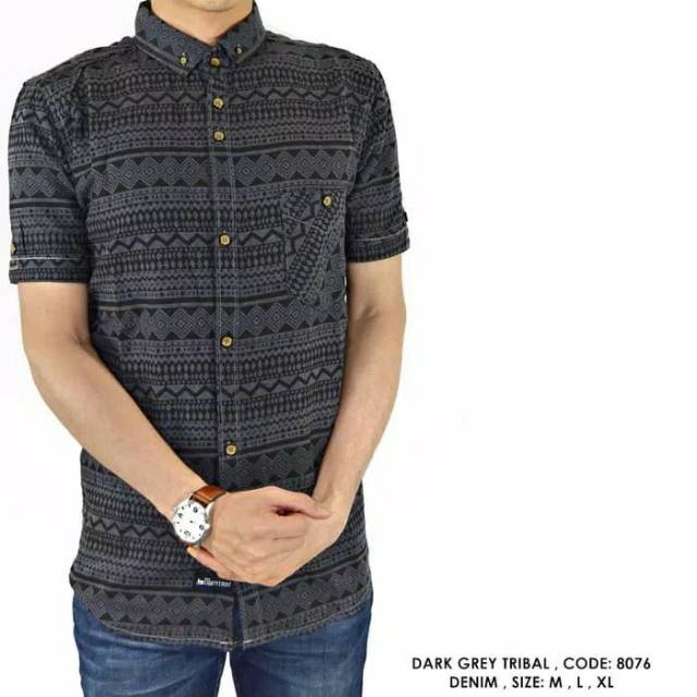 BAJU KEMEJA PRINT BATIK TRIBAL KOMBINASI POLOS PRIA