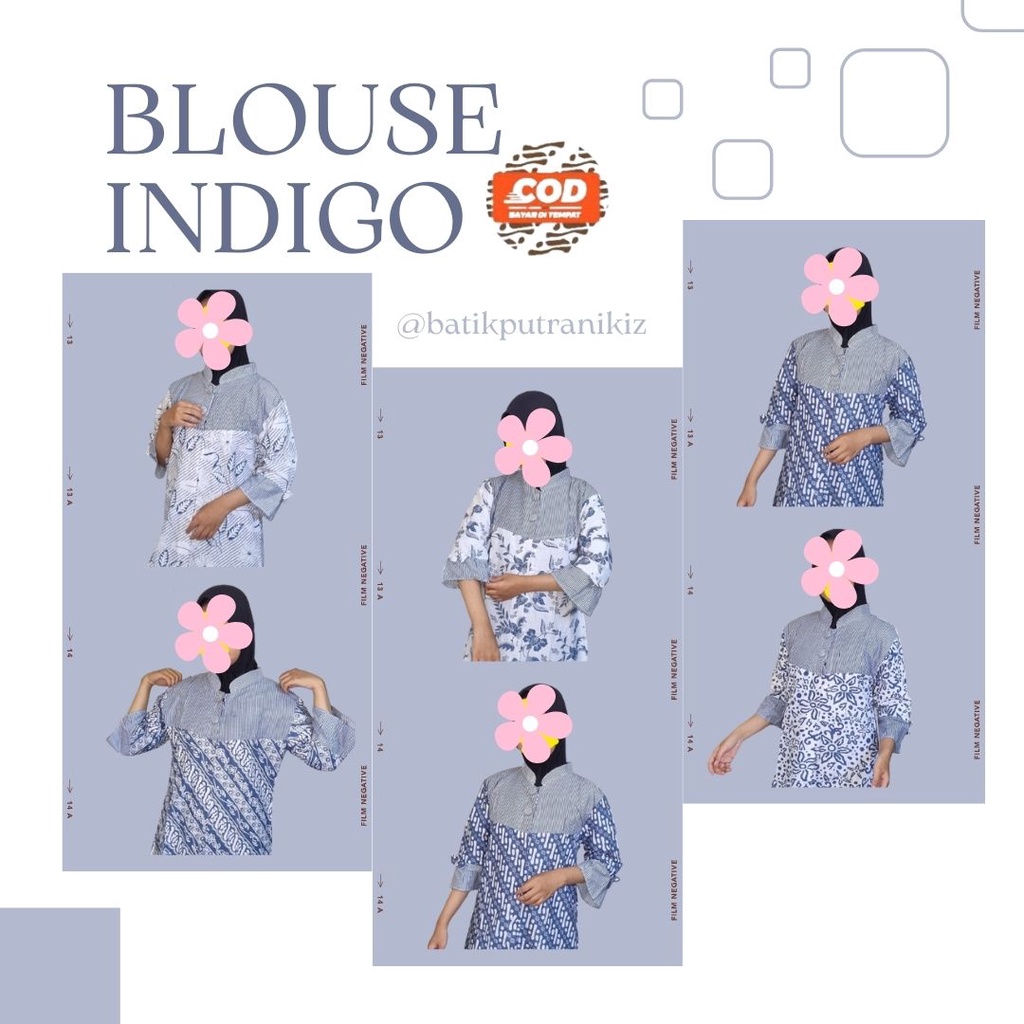 (COD) New Blouse Batik Atasan Wanita Indigo Kancing Kerja Kantoran Kasual Modern Kekinian