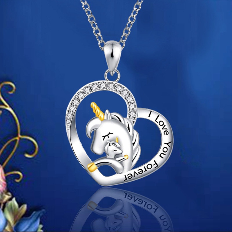 Kalung Rantai Sterling Silver 925 Dengan Liontin Hati Motif Ukir Unicorn Untuk Wanita