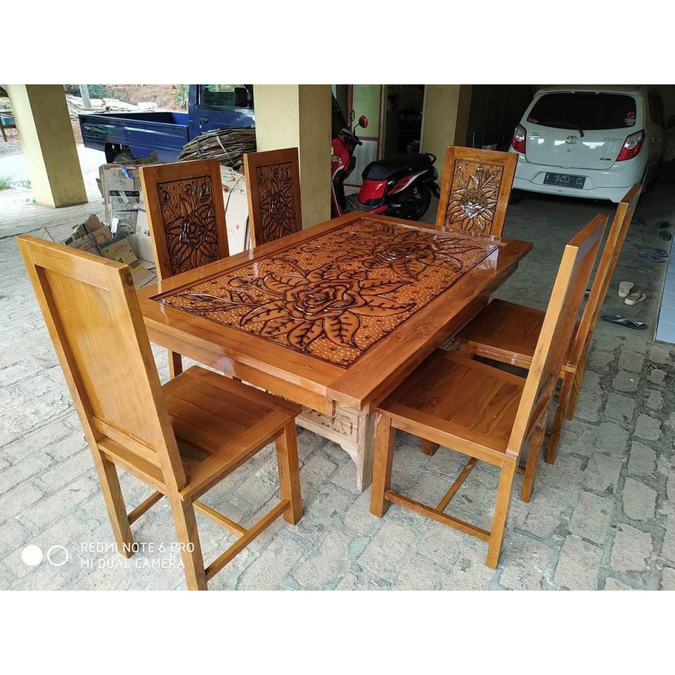 Meja makan kursi 6 + kaca meja jati