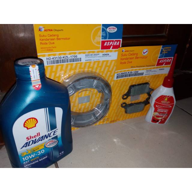 Paket kampas rem Font &amp; Rear Aspira +oli Shell Ax7 SAE 10-30/40W + oli gardan for Vario 125/150 2018