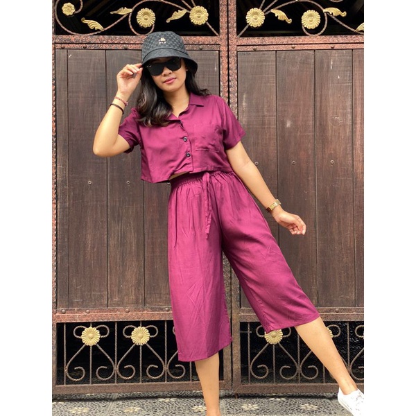 Oneset Crop Sinta  / Set Rayon Crop / New One Set-Burgundy