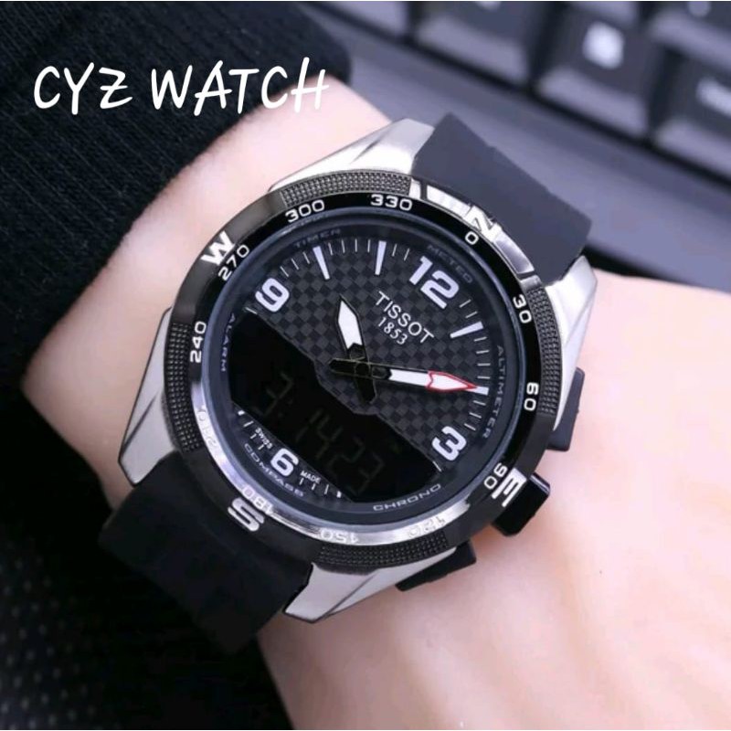 Jam Tangan Pria Elegan Exclusive TIS SOT MASTER RUBBER Dual Time Premium Watch Black