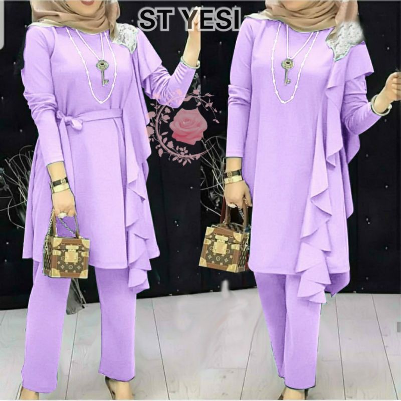 SETELAN CELANA LILAC LAYER TUNIK MUTIARA DAN KULOT SETELAN TUNIK CELANA JUMBO UNGU