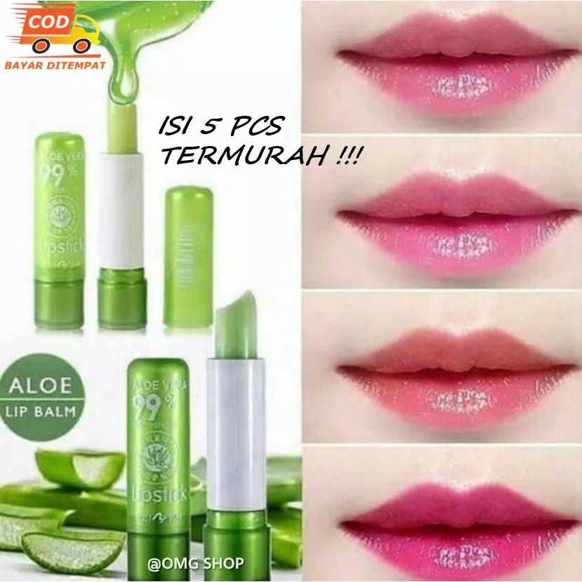 5 Pcs Lipbalm Pemerah Bibir Aloe Vera 99% TERLARIS / Lipstik Tahan Lama Anti Air Aloe Vera 99% / Lipgloss Lipstik Korea Soothing Gel Bisa Untuk Melengkapi Liptint Anak Sekolah – Makeup Kosmetik Wanita Pelembab Bibir Pink Alami Lidah Buaya ORIGINAL