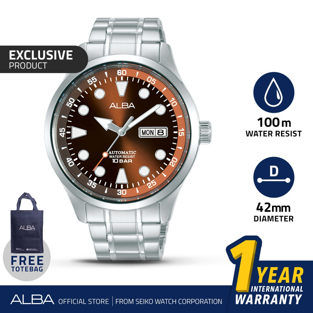 Alba Mechanical Jam Tangan Pria AL4255 / AL4255X1 Automatic Brown Dial Stainless Steel Strap Watch