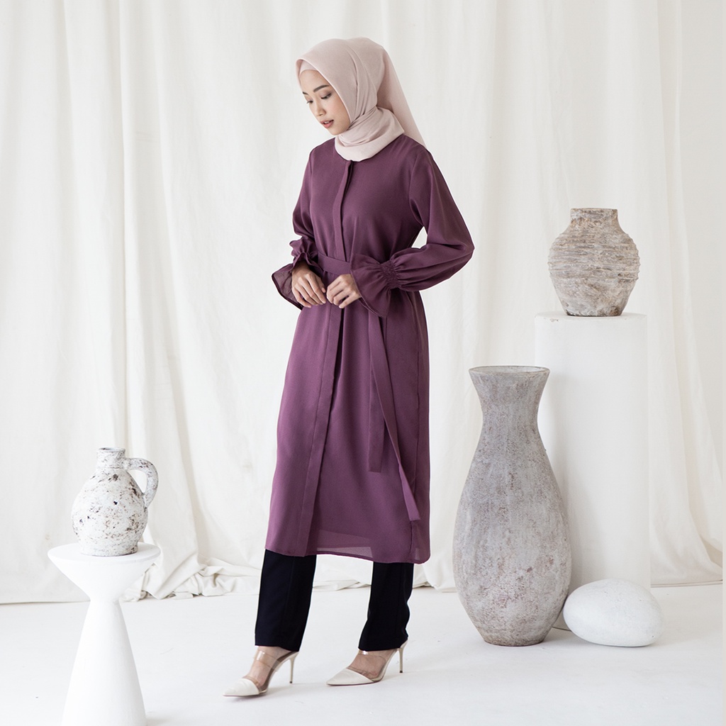 Aras by Aska Label - Tunik wanita blouse polos tali detail lengan kerut dan full kancing depan warna lilac, ungu, plum, abu tua dark grey