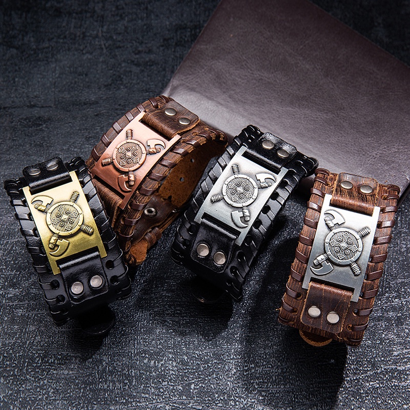 [Z H Perhiasan] Hip Hop Rock Retro Pria Fashion Stainless Steel Viking Perisai Rune Gelang Kulit Pesta Perhiasan Aksesoris