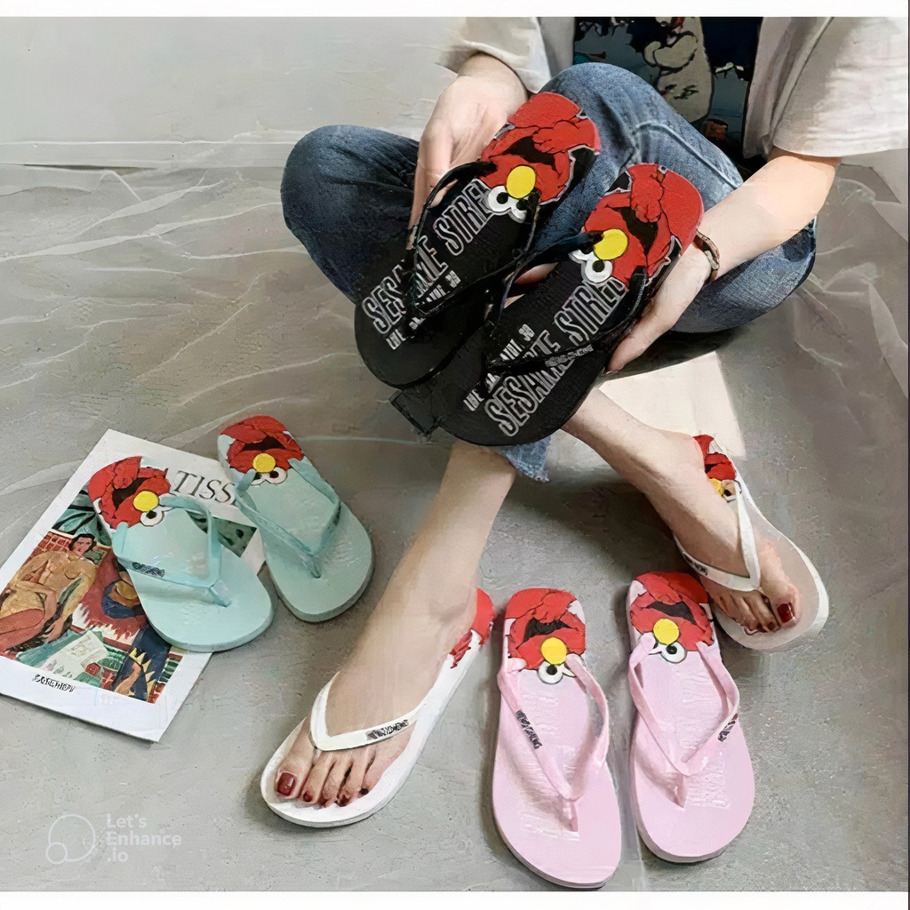 ( BISA COD ) SANDAL JEPIT SENDAL SPON TERBARU MOTIF ELMO SESAME STREET LUCU IMUT BISA GROSIR