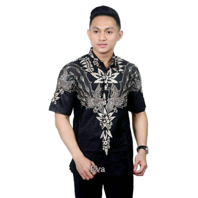 BATIK WILDAN - kemeja batik Lengan Pendek pria murah warna hitam manis / batik pria monokrom