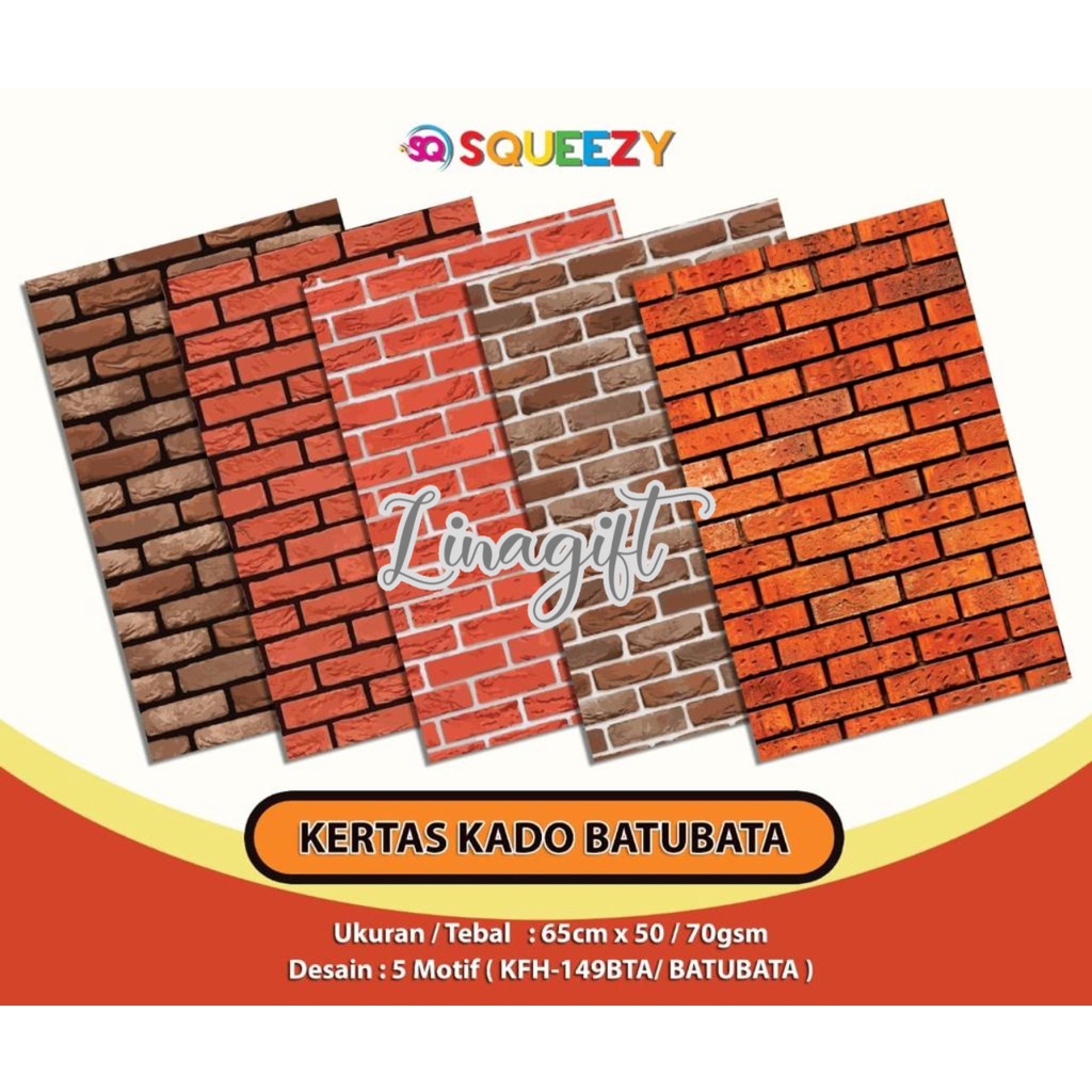 ( 5 Lembar ) KERTAS KADO SQ DOFF - GIFT WRAPPING PAPER PLAIN WOOD / BRICKS / MOTIF BATU BATA KAYU POLOS BUILDER