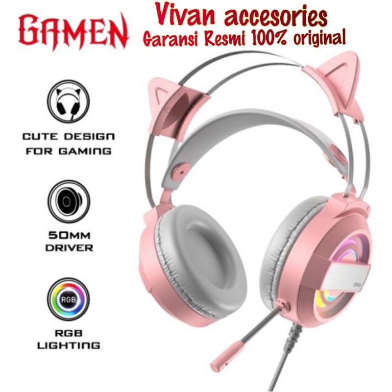 Gamen GH1100 Headset Earphone Headphone Gaming cat Ear Pink LED RGB Wired pink