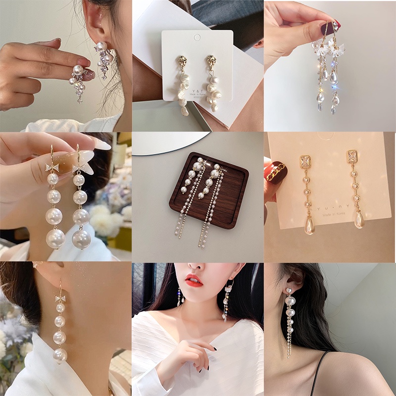 Anting Tusuk Gantung Desain Pita Hias Mutiara + Kristal Gaya Trendy / Mewah Berkilau Untuk Wanita